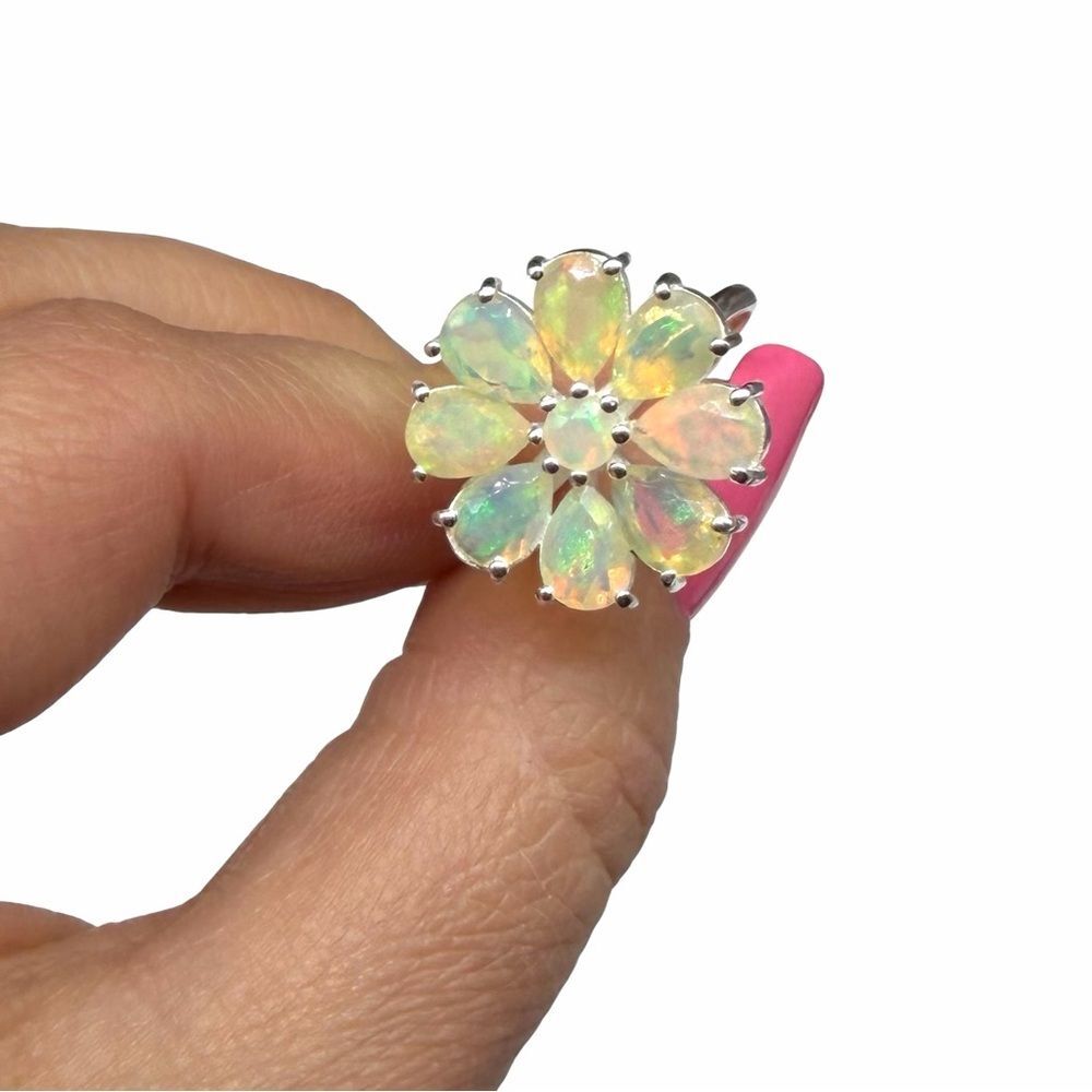 Ethiopian Fire Opal Flower Ring Solid 925 Sterling Silver Size 10 - Picture 8 of 10
